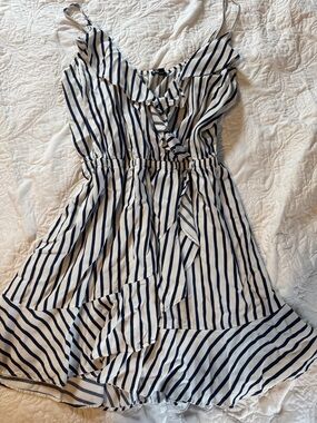 Express Navy and White Striped Ruffle Skater Dress